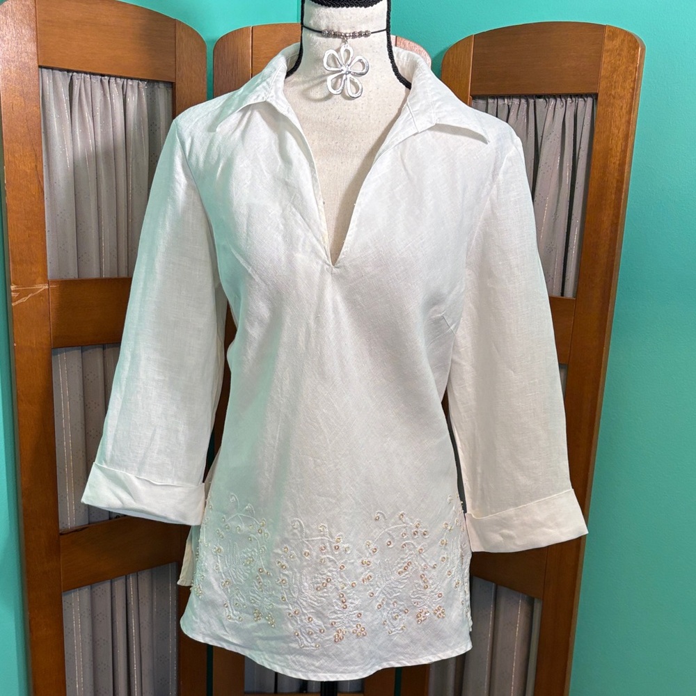 Elegant White Irish Linen Blouse with Embroidered Details